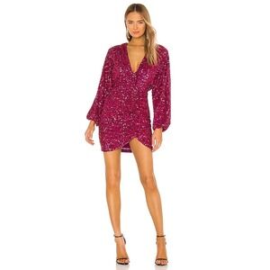 Retrofête Pink‎ Sequin Mini Dress Long Sleeve V-Neck Ruched Cocktail Magenta S